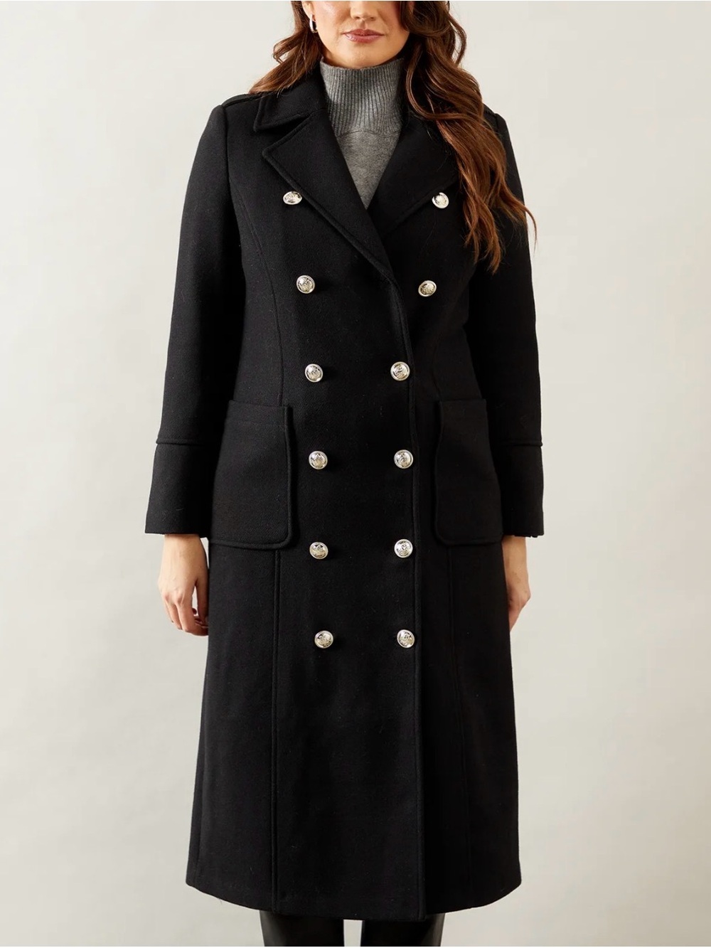 Ann Taylor Double-Breasted Black Cashmere & Wool Blend Long Coat Large